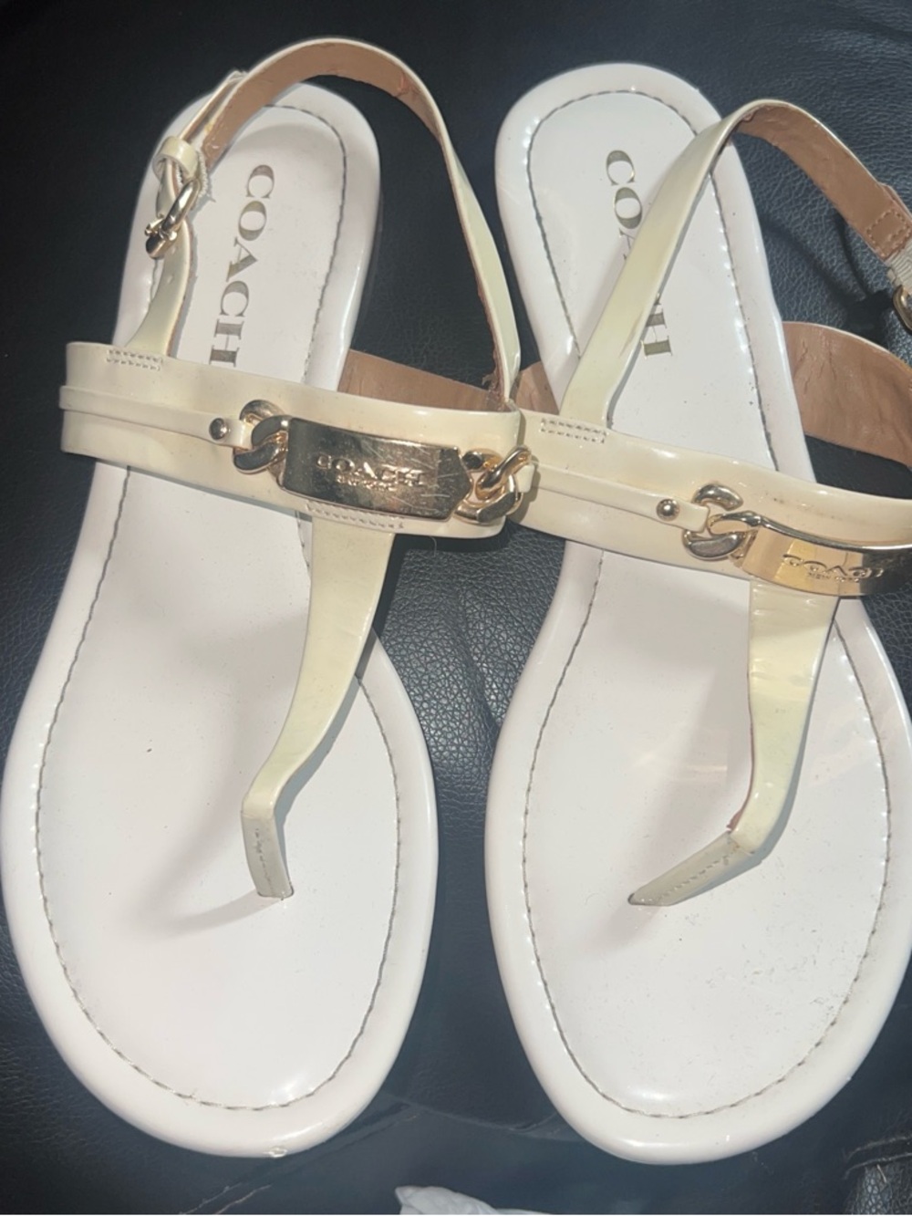 COACH White Patent Leather T-Strap Sandals with Gold Plaque